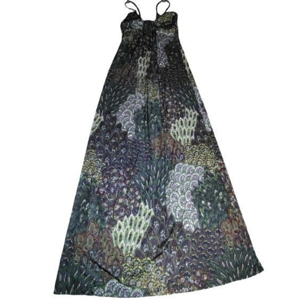 Papaya Peacock Feather Paisley Maxi Dress Beaded Straps Boho Festival Y2K S